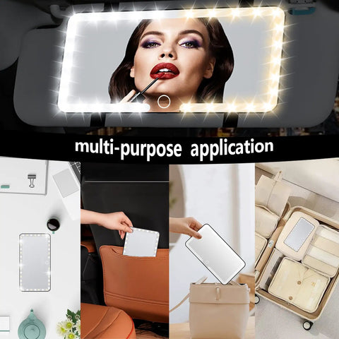Sun Visor Vanity Mirror With 60 LEDs And 3 Light Modes, Rechargeable Dimmable Touch Screen Travel Makeup Mirror displayed in use