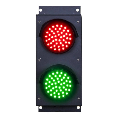 Two Color Dock Traffic Signal Light Red Green LED, 4 Inch Lens, 90 To 260 VAC, front view, mounted on black aluminum frame
