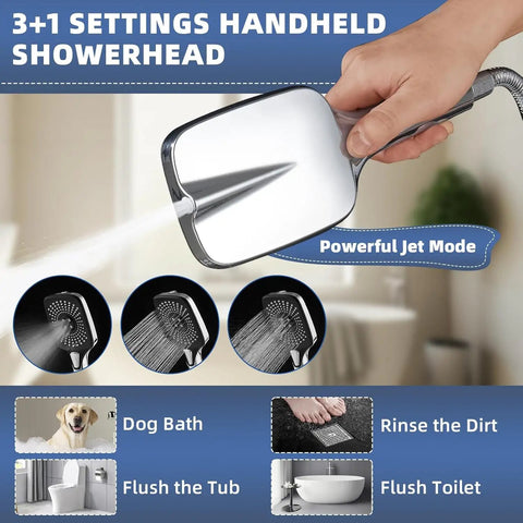 3+1 settings handheld showerhead with powerful jet mode, part of 10 Inch High Pressure Rain Shower Head With Handheld Combo