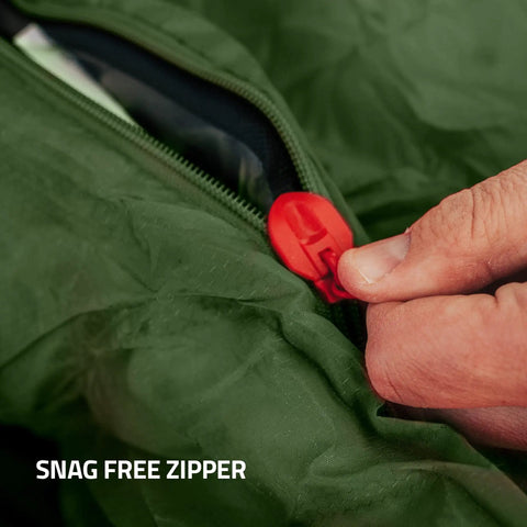 Close-up of a Forest Green Cozy Plush Comfort Camping Sleeping Bag For Adults And Kids 32F To 65F Lightweight with snag-free zipper.