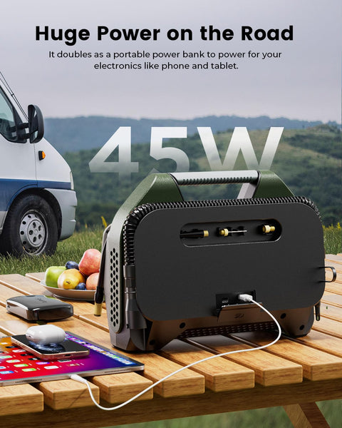 Vortex S7 Cordless Tire Inflator for Heavy Duty Vehicles with 160 PSI Portable Air Compressor on wooden table, charging devices.