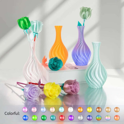 Colorful vases printed with Crystal Clear PETG Filament 1.75mm 1kg for 3D printing, showcasing ultra transparent, glasslike finish.