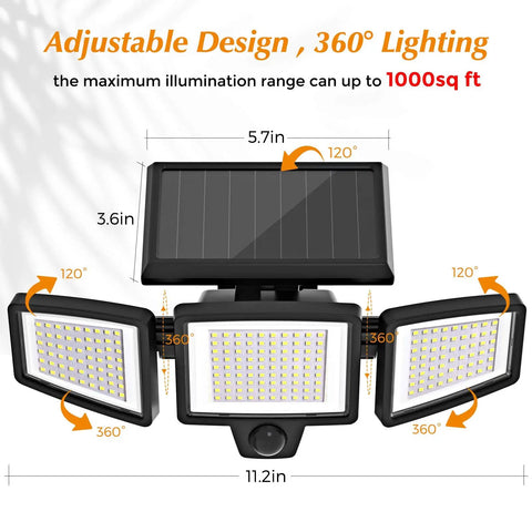 Outdoor Solar Flood Lights Three-Head Security Spot Lamps With 210 LEDs, 2500 Lumens, IP65 Waterproof, Black, showing angle adjustment