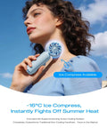 Woman using Portable Handheld Turbo Fan With Ice Cooling And 199 Speed Infinite Adjustment Rechargeable Personal Fan On The Go