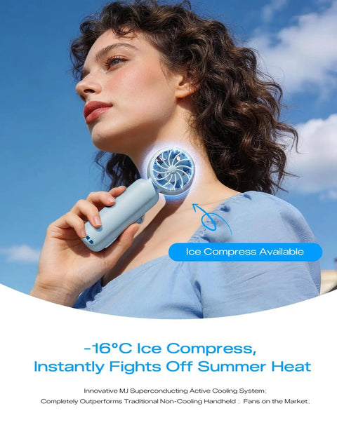 Woman using Portable Handheld Turbo Fan With Ice Cooling And 199 Speed Infinite Adjustment Rechargeable Personal Fan On The Go