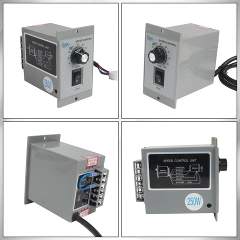Premium 250W 110V Adjustable Gear Reducer Motor speed controller showing front and side views