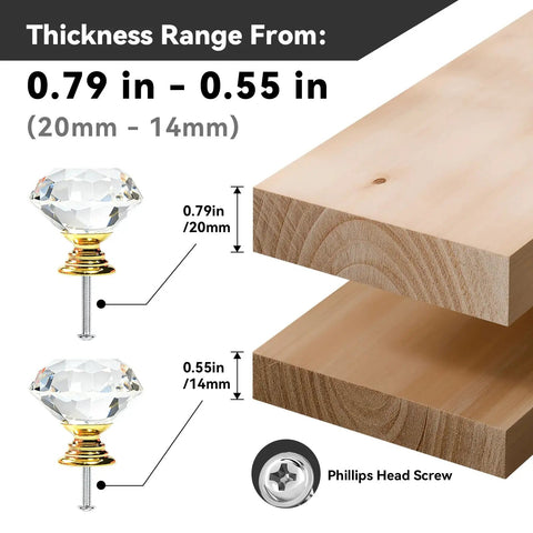 16 Pack Slick Crystal Cabinet Knobs With 30mm Diamond Glass Pull Handles And Polished Gold Base, Clear Dresser Knobs, thickness range shown.