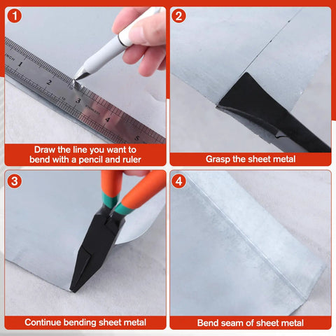 Usage steps of Beefy 2 Pack 7 Inch Metal Hand Seamers Pliers Set With Straight Jaw And 45 Degree Jaw for bending sheet metal.