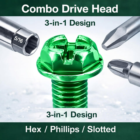 Bulk 100 Pcs Grounding Screws For Electrical Boxes 10-32 X 3/8 Inch Green Hex Head Slotted Washer Grounding Screws Set