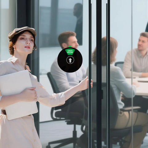 Office door with Six Color Coded 6 Inch Black Round Door Sign For Your Work Space Privacy With Do Not Disturb active
