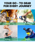 Collage of Ek7000 Pro 4K 30FPS Action Camera used for hiking, cycling, surfing, and skiing with accessories.