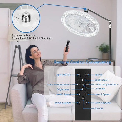 Compact 12 Inch Ceiling Fan With Led Light Remote Control Adjustable Socket Dimmable Bulb Four Chill Speeds Zero Noise Small Room Vibe Lift Game Changing Summer Refresh with remote control in a living room setting.