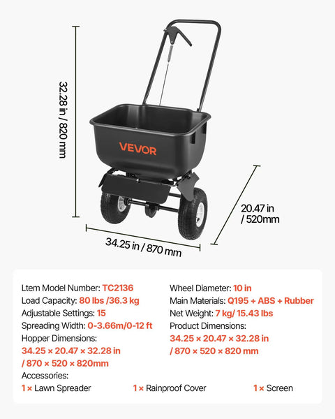 Push Lawn Spreader With 12 Foot Spreading Width, 80 Lb Hopper, All Terrain 10 Inch Tires, Easy To Use Walk Behind Broadcast Spreader For Seed Fertilizer And Ice Melt, Yard Care Tool For Even Coverage with dimensions displayed.