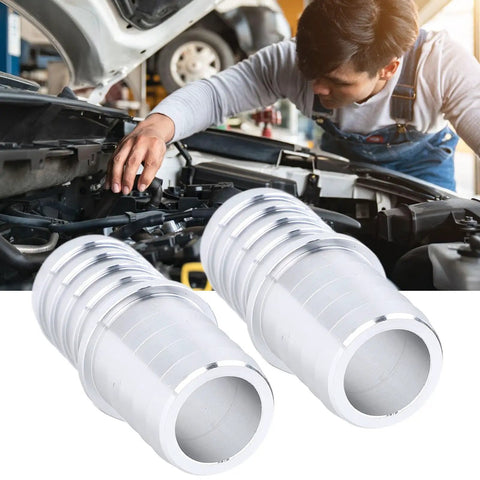 Mechanic installing Three Quarters Inch Hose Barb Splice Coupler Aluminum Alloy Radiator Intercooler Repair Fitting Vacuum Line Adapter
