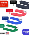 Workhorse Plastic Horseshoe Shim Multipack For Leveling Windows Doors Cabinets 100 Piece Set Includes One Quarter Inch One Eighth Inch One Sixteenth Inch And One Thirty Second Inch U Shape Tile Shims Spacers For Indoor Outdoor Use Made In USA, showing different colored shims and their sizes.