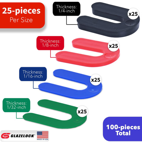 Workhorse Plastic Horseshoe Shim Multipack For Leveling Windows Doors Cabinets 100 Piece Set Includes One Quarter Inch One Eighth Inch One Sixteenth Inch And One Thirty Second Inch U Shape Tile Shims Spacers For Indoor Outdoor Use Made In USA, showing different colored shims and their sizes.