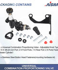 Universal Adjustable Knob Proportioning Valve Kit For Brake Lines With Master Cylinder Adapter and OEM Replacement Parts 26011179 and 26013190, including fasteners.