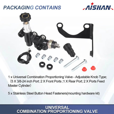 Universal Adjustable Knob Proportioning Valve Kit For Brake Lines With Master Cylinder Adapter and OEM Replacement Parts 26011179 and 26013190, including fasteners.