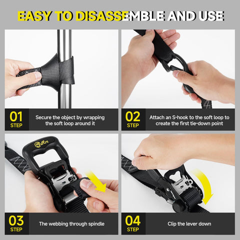 Step-by-step guide using 4 Piece Ratchet Strap Tie Down Kit With Beefy Padded Handles Coated S Hooks And Safety Clips.