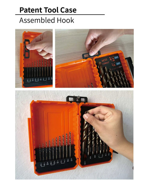 Beast Heavy Duty Cobalt Drill Bit Set 1/16 to 1/2 Inch, 17 Piece M35 in orange case showing assembled hook