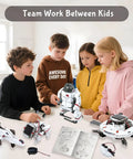 6 In 1 Solar Robot Building Kit For Kids Aged 8 To 13 That Lets Them Build Six Dope Robots, A Fun STEM Toy For Hands On Science, Perfect Birthday Gift For Boys And Girls. Kids around a solar robot kit on a table
