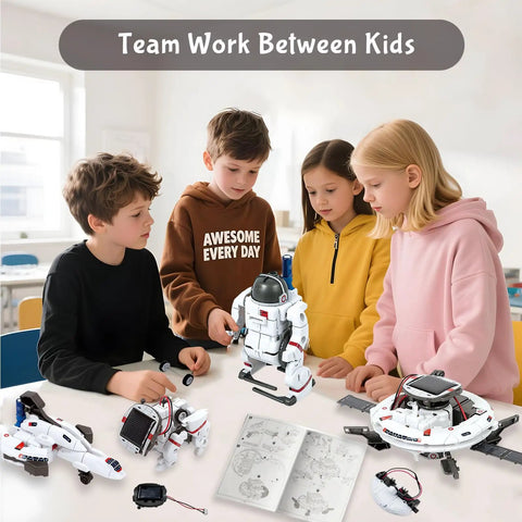 6 In 1 Solar Robot Building Kit For Kids Aged 8 To 13 That Lets Them Build Six Dope Robots, A Fun STEM Toy For Hands On Science, Perfect Birthday Gift For Boys And Girls. Kids around a solar robot kit on a table