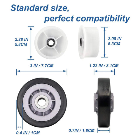 Complete Dryer Drum Roller Kit With Idler Pulley And Belt Replacement Set for Maytag Kenmore, roller dimensions diagram.