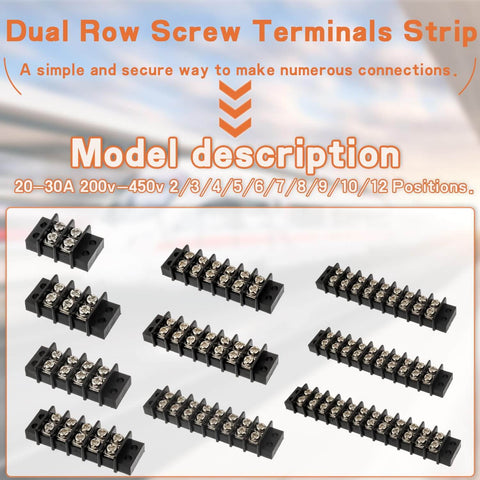 Assorted Three Circuit Terminal Block Kit with Dual Row Screw Terminals, 20-30A, 200-450V, heavy duty wire connection strips.