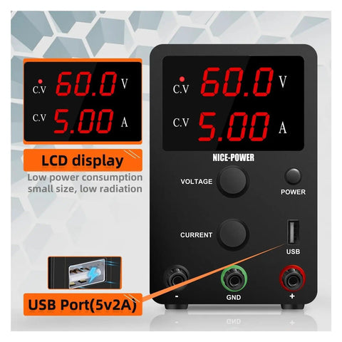 AC To DC Adjustable Laboratory Switching Power Supply 30V 60V 120V For Laptop Phone Computer And PCB Repair And Charging 120V3A Black Compact