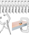 10 Piece Locking C Clamp Set With Adjustable Pliers For Welding, Regular Tip And Swivel Pad, Heavy Duty Pro Grade Tool For Shop Or Home Projects, Farm Or Auto Workshop, Woodworking And Cabinetry Repairs, 6 Inch. 10-piece alloy steel locking C clamps shown open and clamping wood