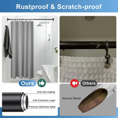 Comparison of industrial style wall mounted shower rod adjustable from 28 to 76 inches matte black finish in bathroom setting.