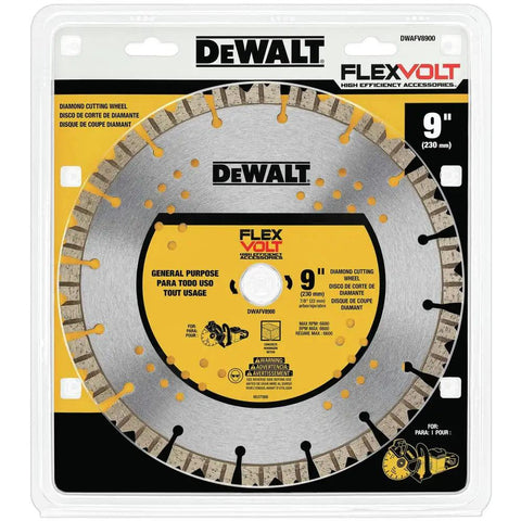 Flexvolt 9 Inch Diamond Cutting Wheel For Masonry And Concrete With Seven Eighths Inch Arbor 6600 Max RPM in packaging