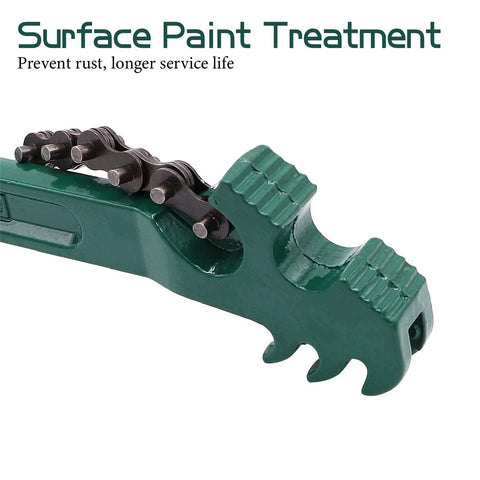 Beefy Heavy Duty Reversible Chain Wrench 16 Inch With 27 Inch Chain showcasing rust-resistant handle and surface paint treatment.