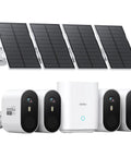Solar Wireless Outdoor Security Camera System 4-Cam Kit With 2K QHD Video, no monthly fees, shown with solar panels and cameras