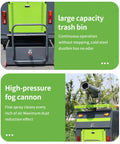Heavy Duty Commercial Ride On Industrial Sweeper For Warehouses And Factories showing large capacity trash bin and fog cannon.