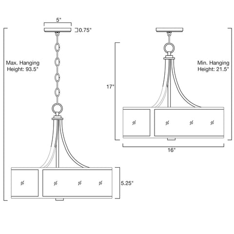 Diagram of Scarlett 17 Inch 4 Light Modern Drum Chandelier With Rippled Glass Panel Shade In Oil Rubbed Bronze Finish, dimensions shown.