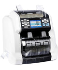 Dual Pocket Money Counter With Built In Receipt Printer And Bank Grade Counterfeit Detection For Hustle Ready Cash Sorting and Serial Number Tracking, front view with display and cash stack.