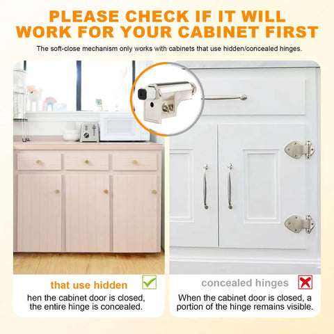 Comparison of cabinet types for Twenty Five Pack Soft Close Cabinet Door Dampers featuring adjustable slow close mechanism.