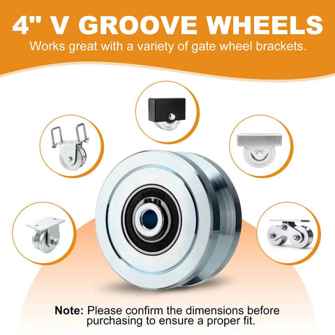 Heavy Duty 4 Inch V Groove Gate Wheels 3000 Lbs Load Capacity Solid Steel Sliding Pivot Caster Galvanized Surface Coating with various brackets.