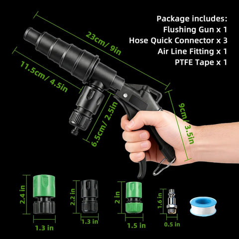 Slick Lever Action Coolant Flush Gun And Solid Heater Core Flush Kit With Universal Hose Adapters For Fast Radiator Flushing and included accessories.