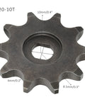 Close-up of Electric Bike Sprocket 420 10T Gear Motor Sprocket Steel Replacement Part With 10x8.5mm Inner Hole For E Bike Tricycle Scooter Go Kart Beefed Up Heavy Duty Gear Accessory showing dimensions and teeth detail