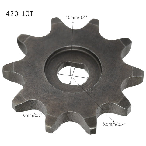 Close-up of Electric Bike Sprocket 420 10T Gear Motor Sprocket Steel Replacement Part With 10x8.5mm Inner Hole For E Bike Tricycle Scooter Go Kart Beefed Up Heavy Duty Gear Accessory showing dimensions and teeth detail