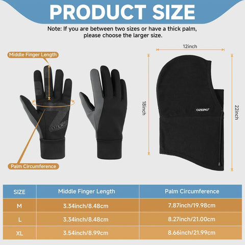 Size chart and dimensions for Winter Balaclava Gloves Set Windproof Thermal Ski Mask For Men And Women Convertible Balaclava Hood Full Head Cover