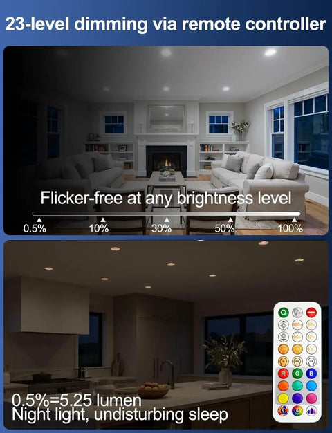 6 Inch Led Recessed Downlights Featuring Adaptive Color Changing Modes And A Seamless Canless Frame in a living room with dimming options.