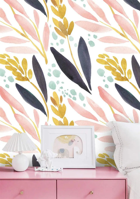 Watercolor Forest Peel And Stick Wallpaper Removable Floral Vinyl Self Adhesive Shelf Liner In White Pink Navy Yellow displayed on wall