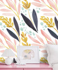 Peel And Stick Floral Forest Wallpaper Removable Vinyl Shelf Liner With Watercolor White Pink Navy Yellow Design on wall
