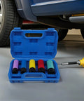Top Tier Impact Lug Nut Socket Kit With Tire Protection Sleeves For Fast Car And Bike Wheel Repair Quick Release Driver Design Saves The Day open blue case with colored sleeve sockets beside a car wheel