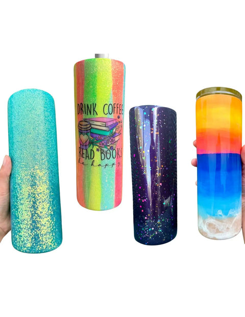 Four colorful 12oz tumblers showcasing artistic designs, coated with Grande Finale Tumbler Coat Gloss Finish For 12oz Tumblers.