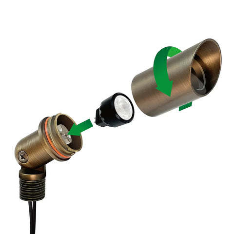 Solid Brass Landscape Spotlight With Low Voltage 12V AC DC Outdoor Uplight For Garden Patio And Trees 180 Lm 3W MR8 LED Bulb Ground Stake 2700K Warm White Built To Last Brass Construction exploded view of parts