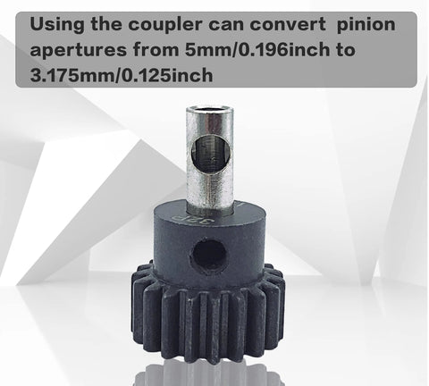 HOPLEX stainless steel shaft adapter with 3.175mm to 5mm bore and black nylon gear for RC motors